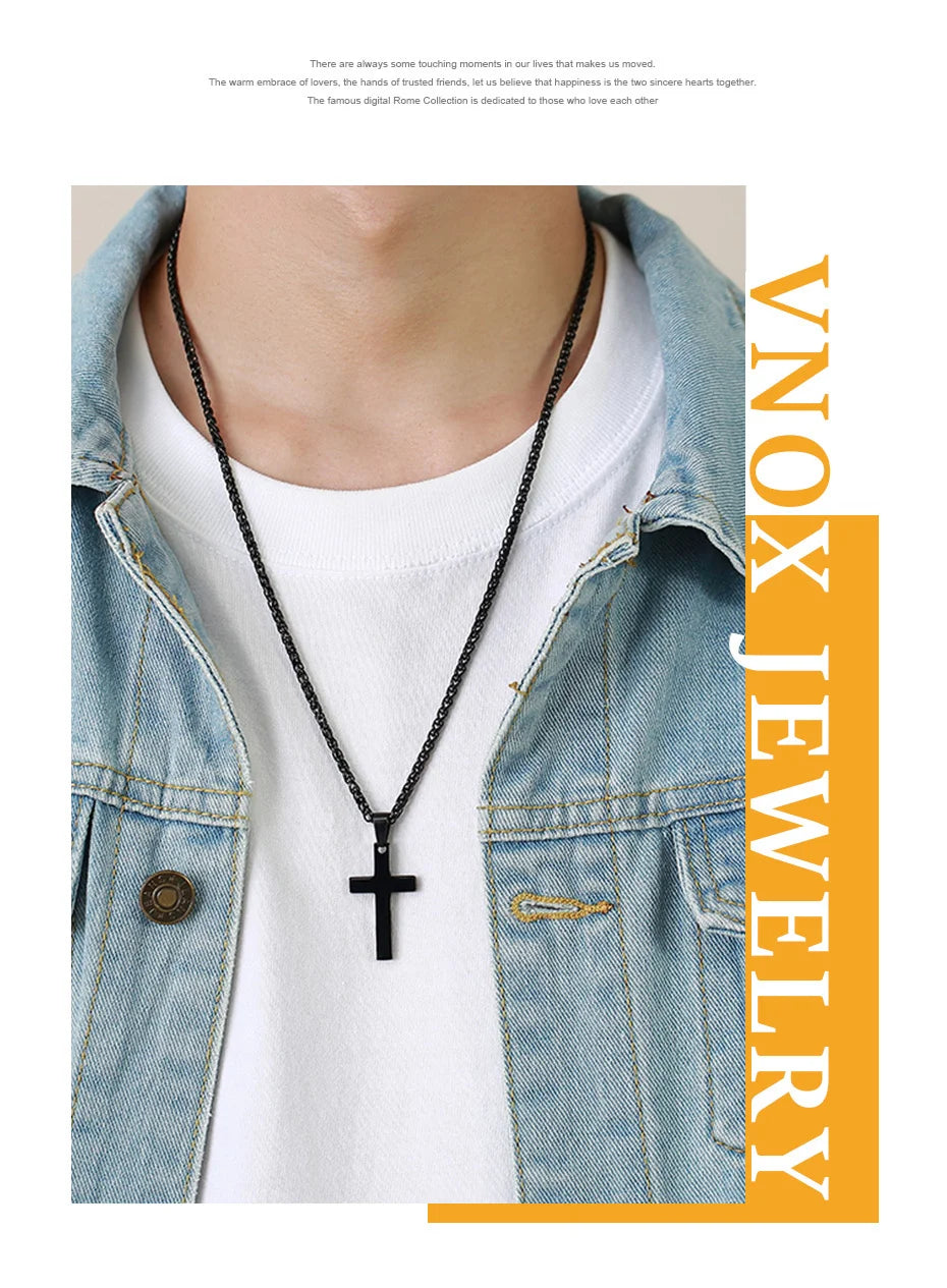 Vnox Simple Plain Cross Prayer Pendant Necklaces for Men, Anti Allergy Stainless Steel Religious Faith Collar Jewelry