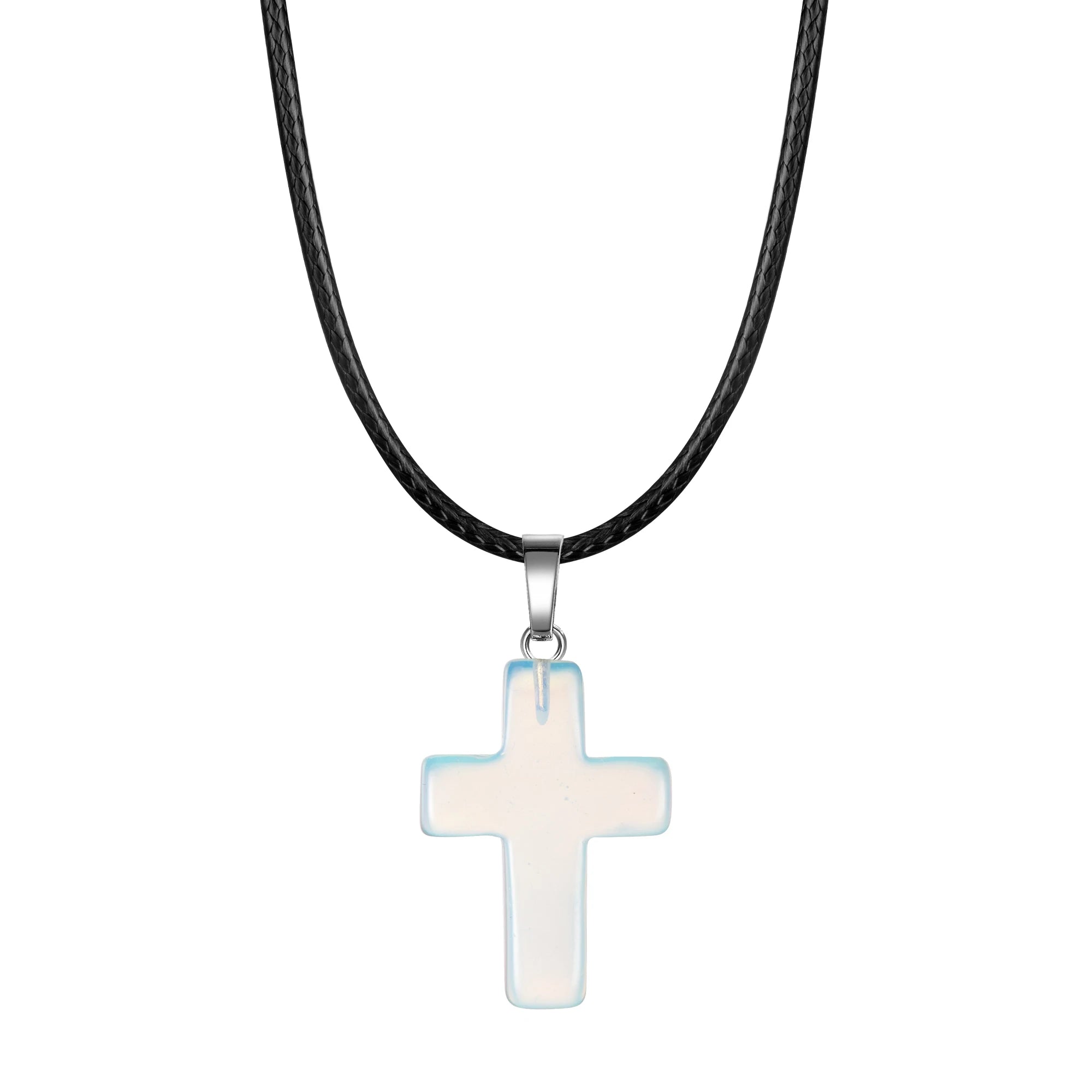 Natural Stone Cross Pendant Necklace Women Men 18inch Black Leather Cord Custom Crystal Choker Chakra Jewelry Findings