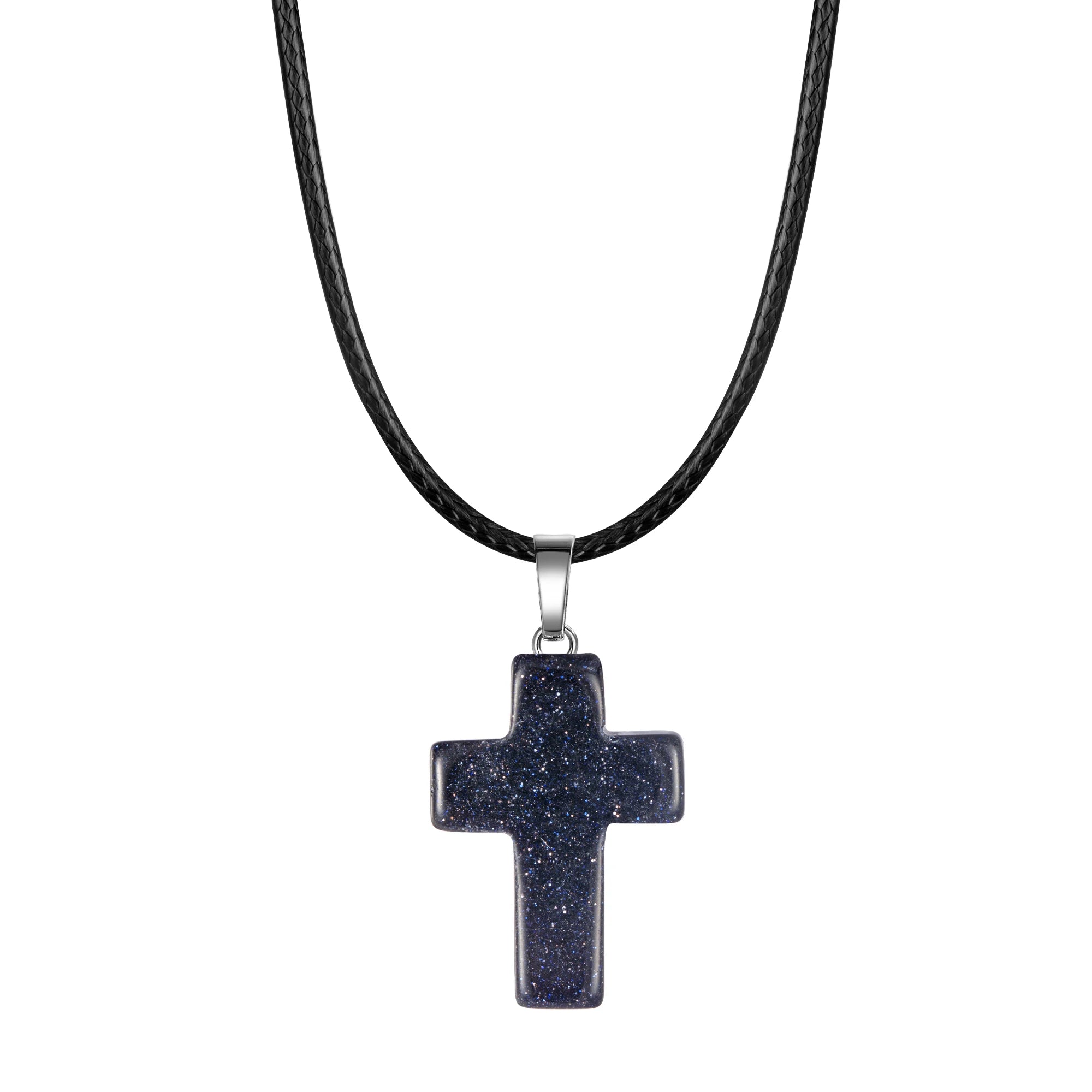 Natural Stone Cross Pendant Necklace Women Men 18inch Black Leather Cord Custom Crystal Choker Chakra Jewelry Findings