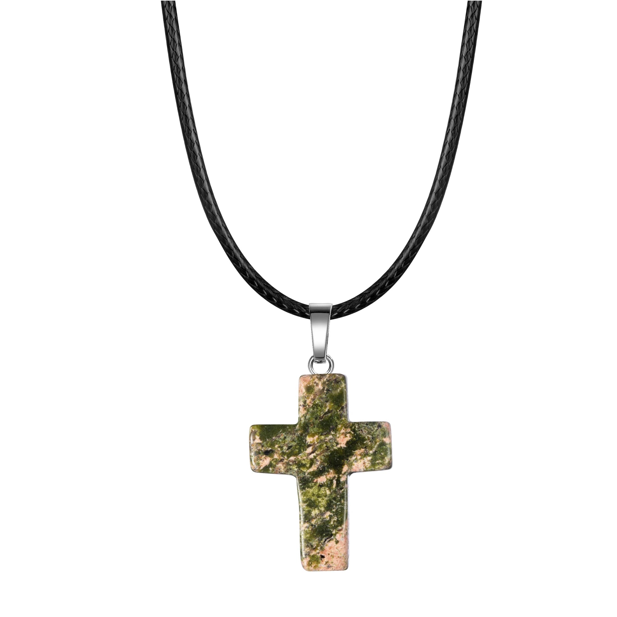 Natural Stone Cross Pendant Necklace Women Men 18inch Black Leather Cord Custom Crystal Choker Chakra Jewelry Findings