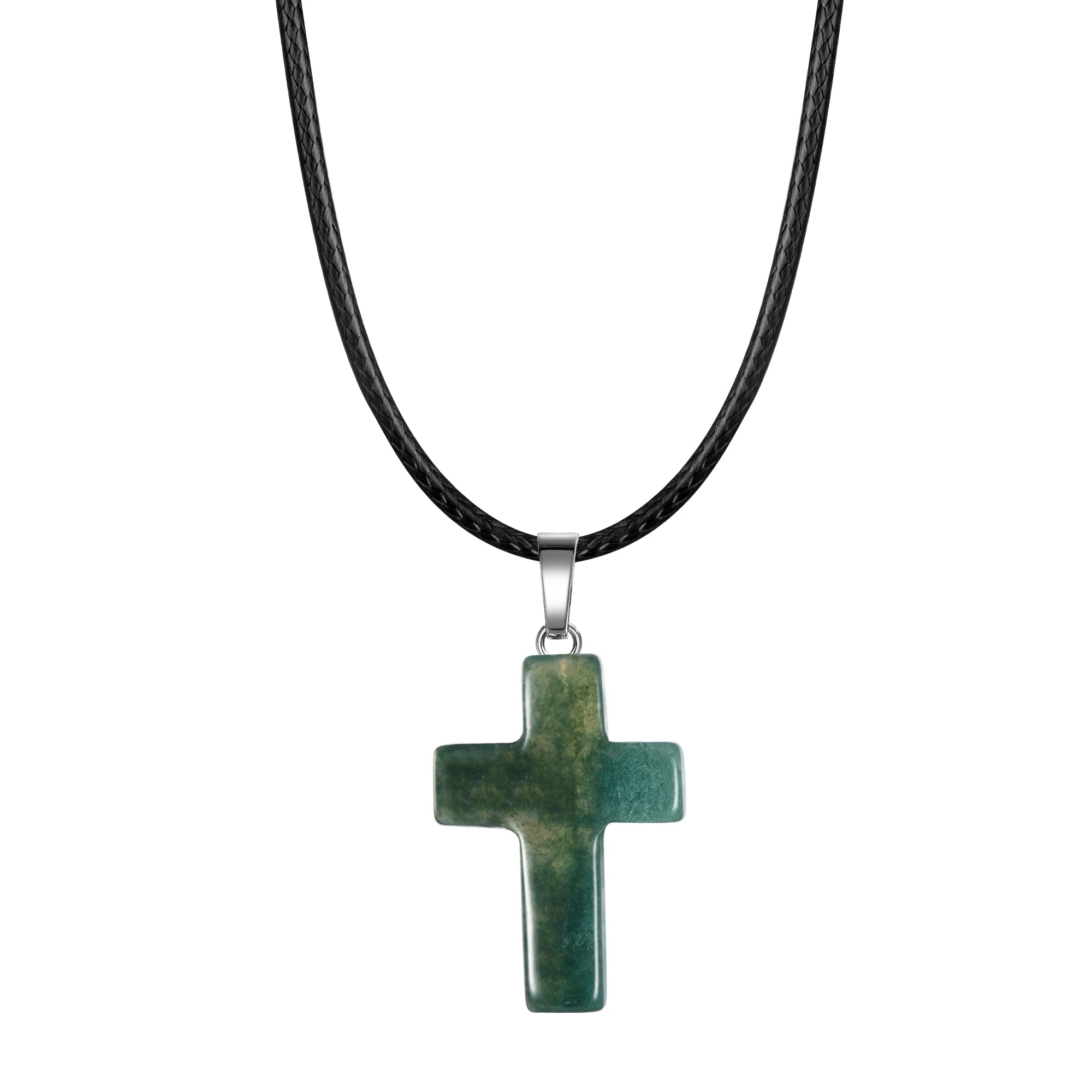 Natural Stone Cross Pendant Necklace Women Men 18inch Black Leather Cord Custom Crystal Choker Chakra Jewelry Findings