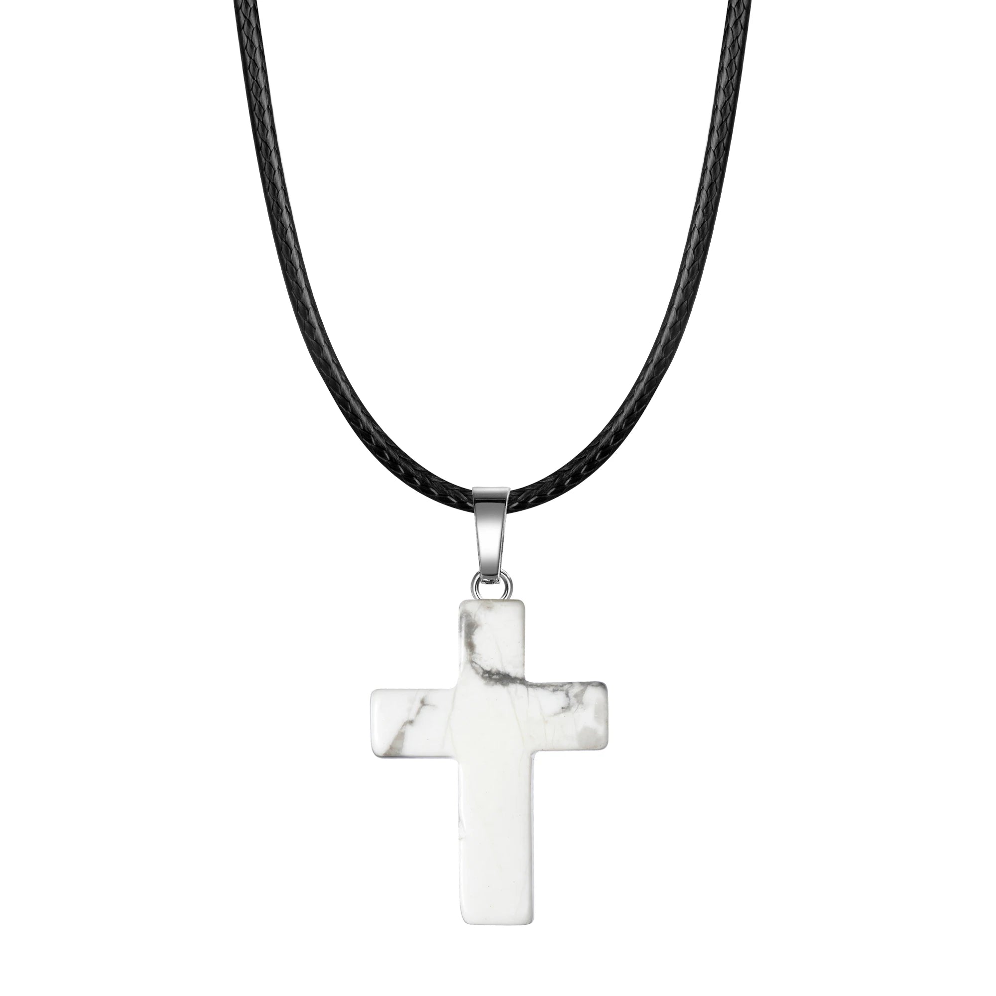 Natural Stone Cross Pendant Necklace Women Men 18inch Black Leather Cord Custom Crystal Choker Chakra Jewelry Findings