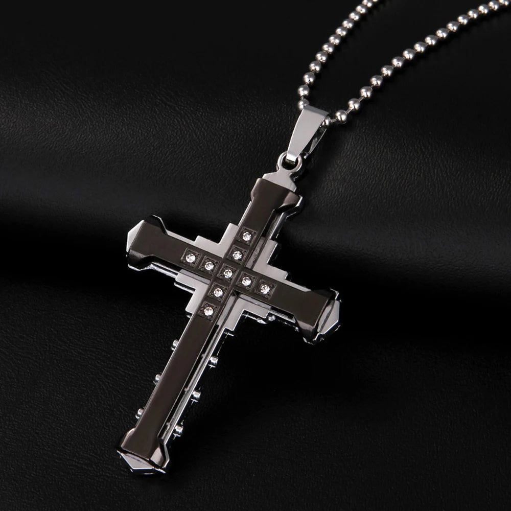 SUMENG 2025 New Male Crystal Cross Jesus Pendant Gold/Black/Blue Color Zirconia Necklace Stainless Steel Jewelry