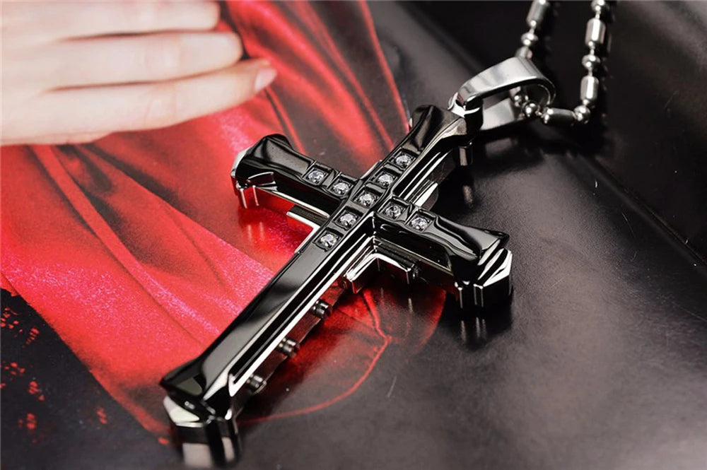 SUMENG 2025 New Male Crystal Cross Jesus Pendant Gold/Black/Blue Color Zirconia Necklace Stainless Steel Jewelry