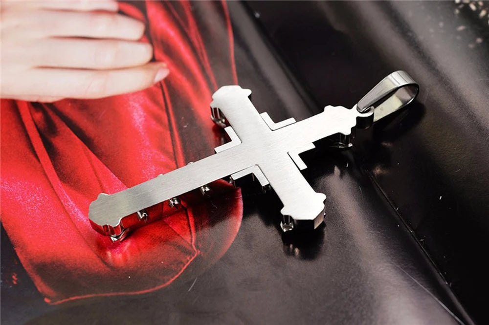 SUMENG 2025 New Male Crystal Cross Jesus Pendant Gold/Black/Blue Color Zirconia Necklace Stainless Steel Jewelry