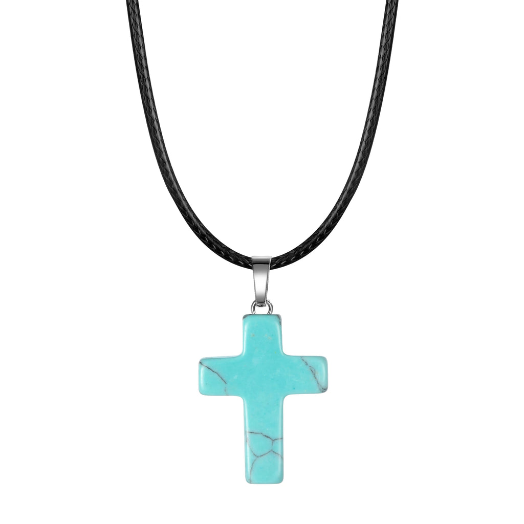 Natural Stone Cross Pendant Necklace Women Men 18inch Black Leather Cord Custom Crystal Choker Chakra Jewelry Findings