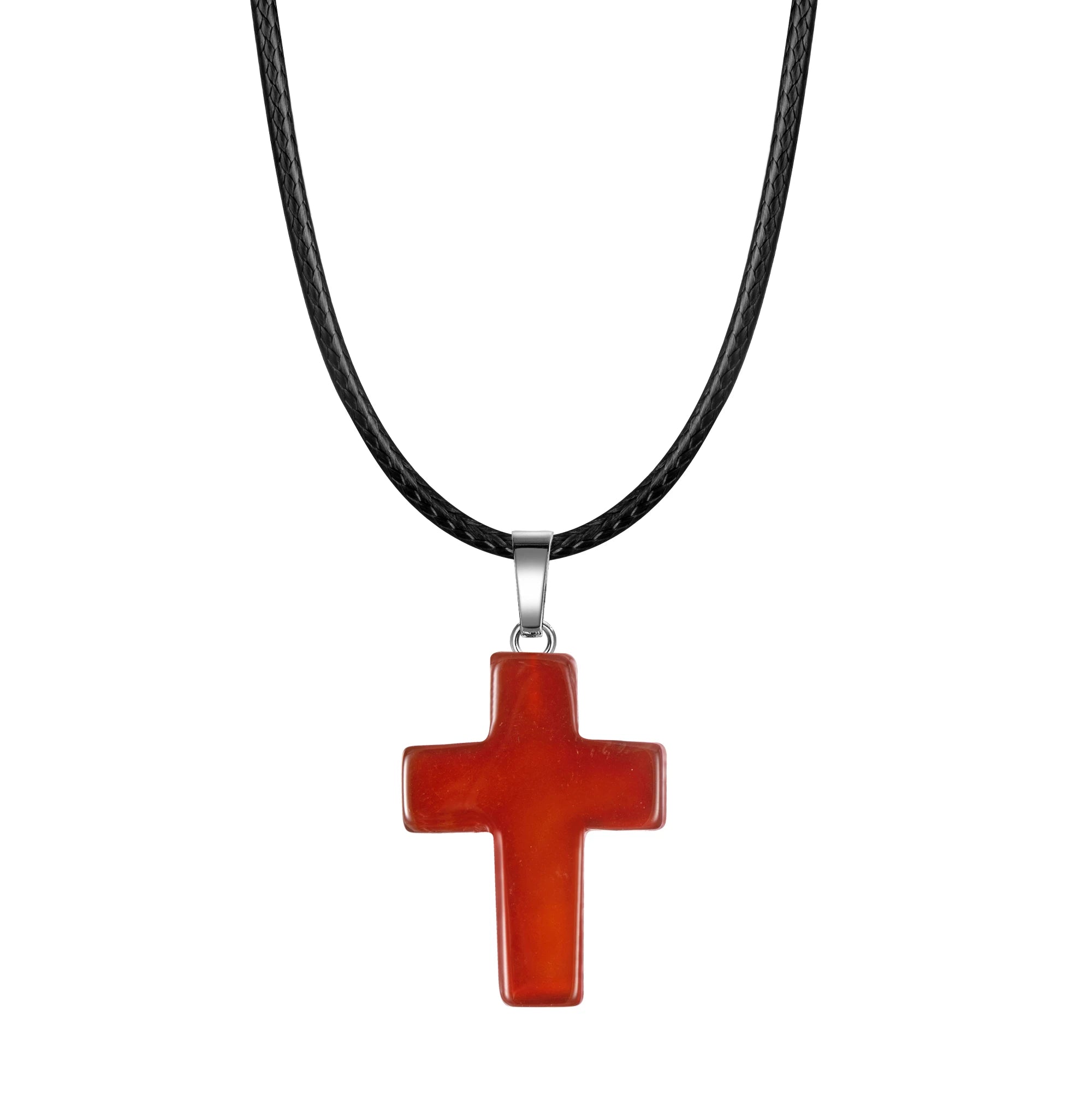 Natural Stone Cross Pendant Necklace Women Men 18inch Black Leather Cord Custom Crystal Choker Chakra Jewelry Findings