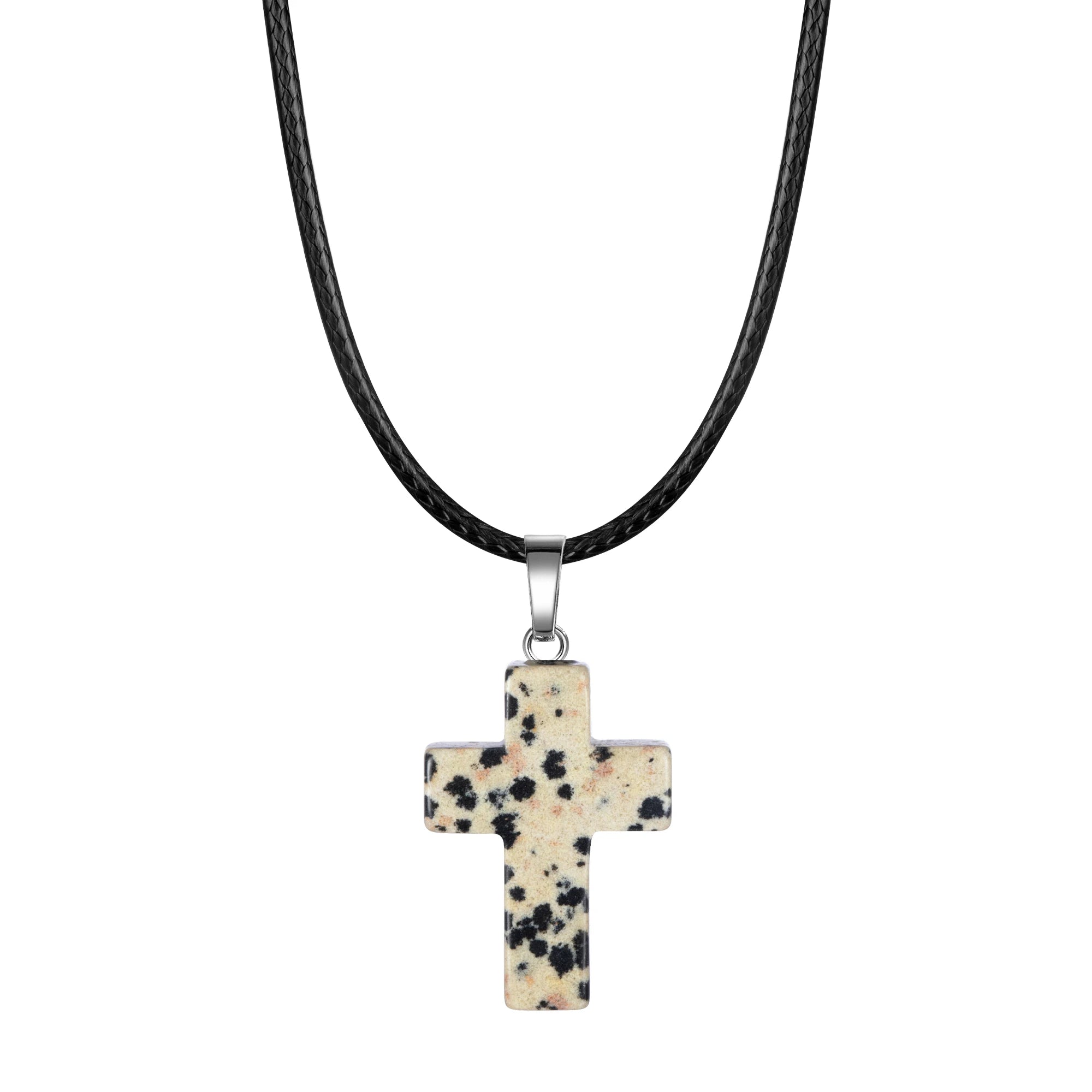Natural Stone Cross Pendant Necklace Women Men 18inch Black Leather Cord Custom Crystal Choker Chakra Jewelry Findings