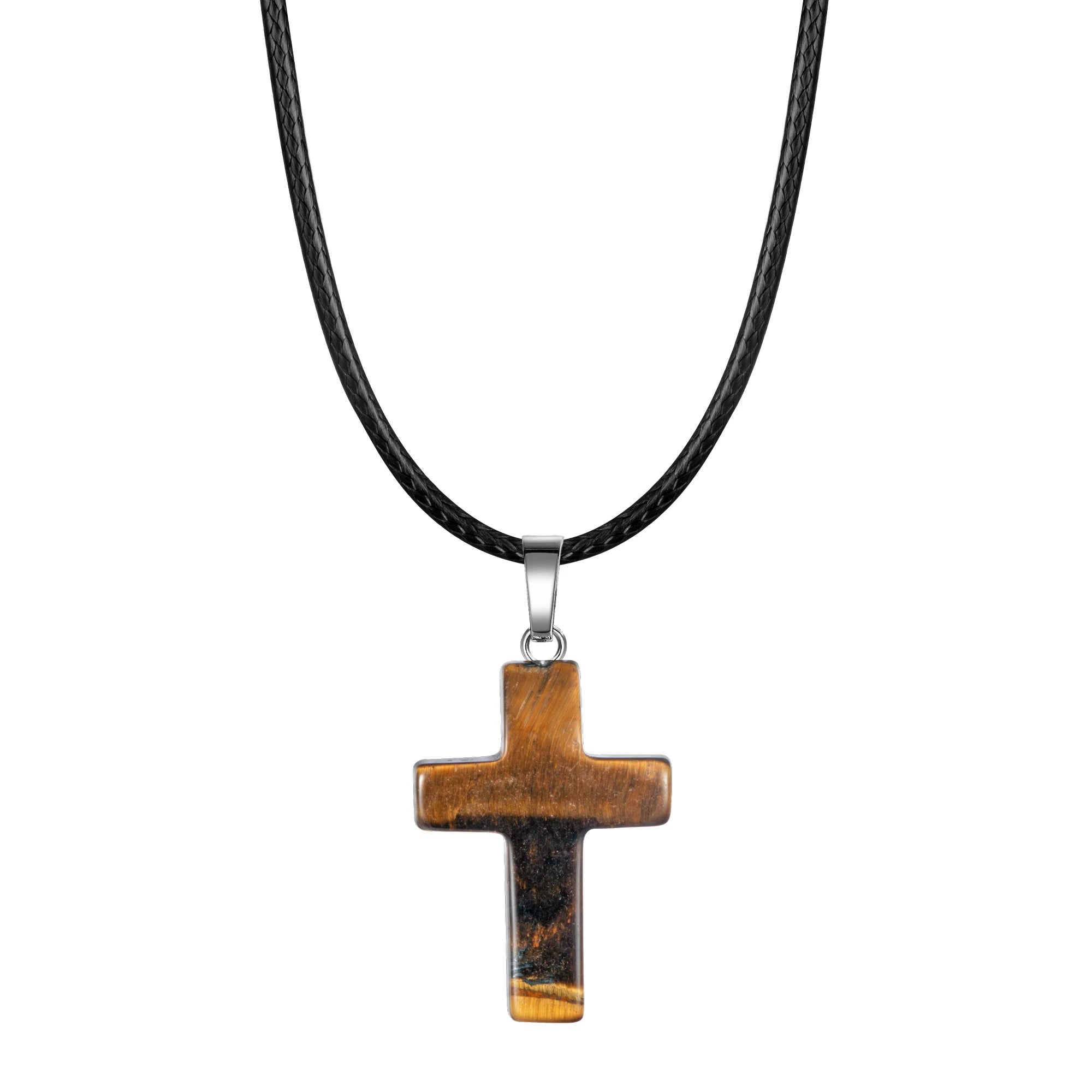 Natural Stone Cross Pendant Necklace Women Men 18inch Black Leather Cord Custom Crystal Choker Chakra Jewelry Findings