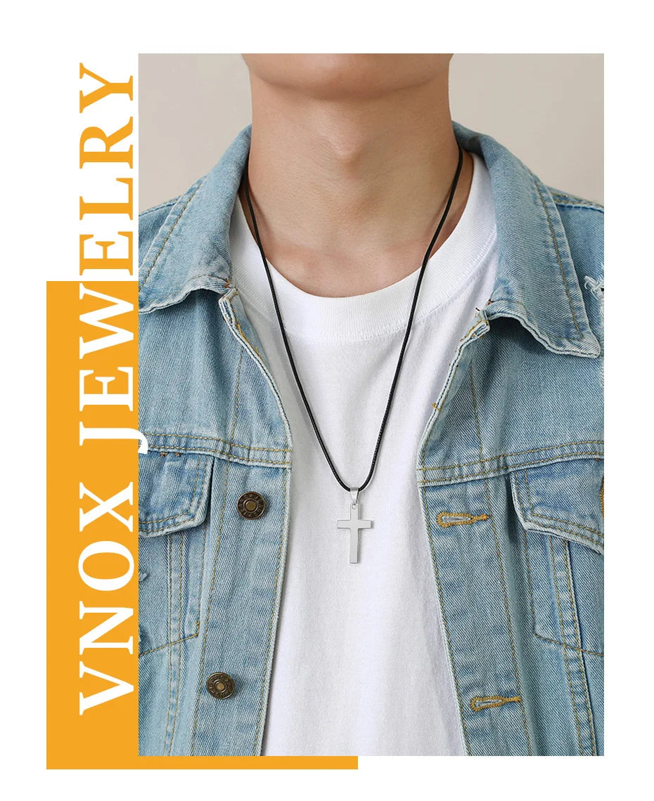 Vnox Simple Plain Cross Prayer Pendant Necklaces for Men, Anti Allergy Stainless Steel Religious Faith Collar Jewelry