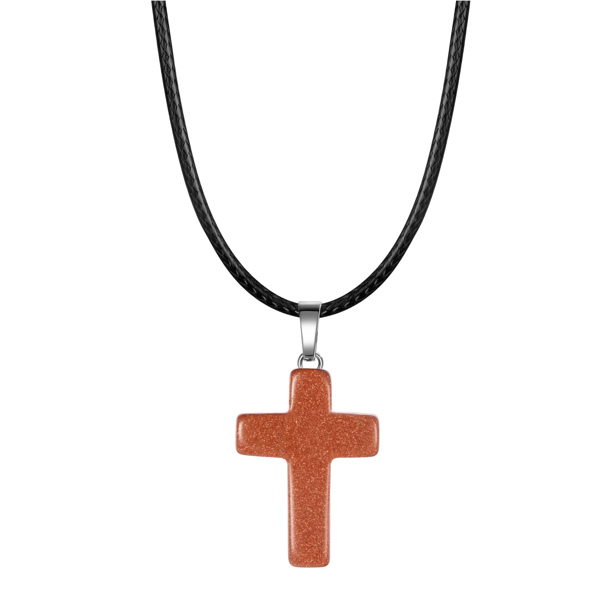 Natural Stone Cross Pendant Necklace Women Men 18inch Black Leather Cord Custom Crystal Choker Chakra Jewelry Findings
