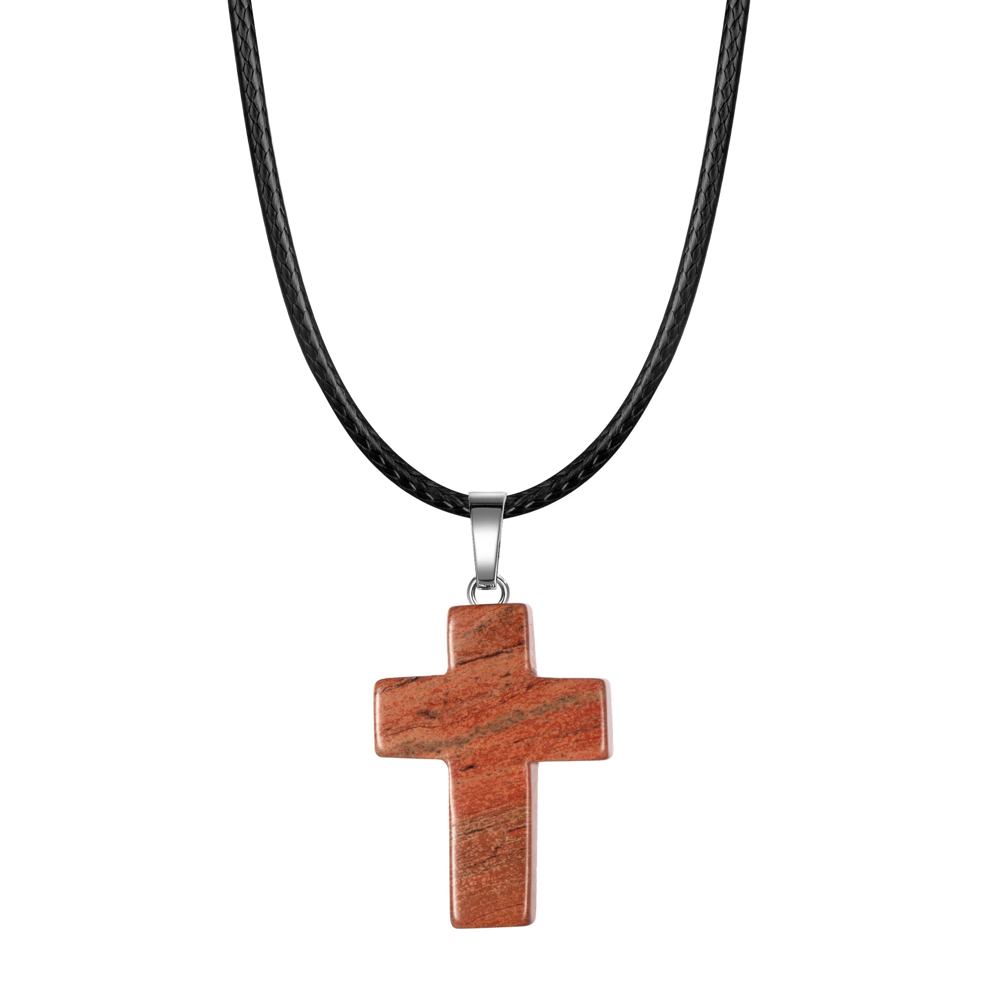 Natural Stone Cross Pendant Necklace Women Men 18inch Black Leather Cord Custom Crystal Choker Chakra Jewelry Findings