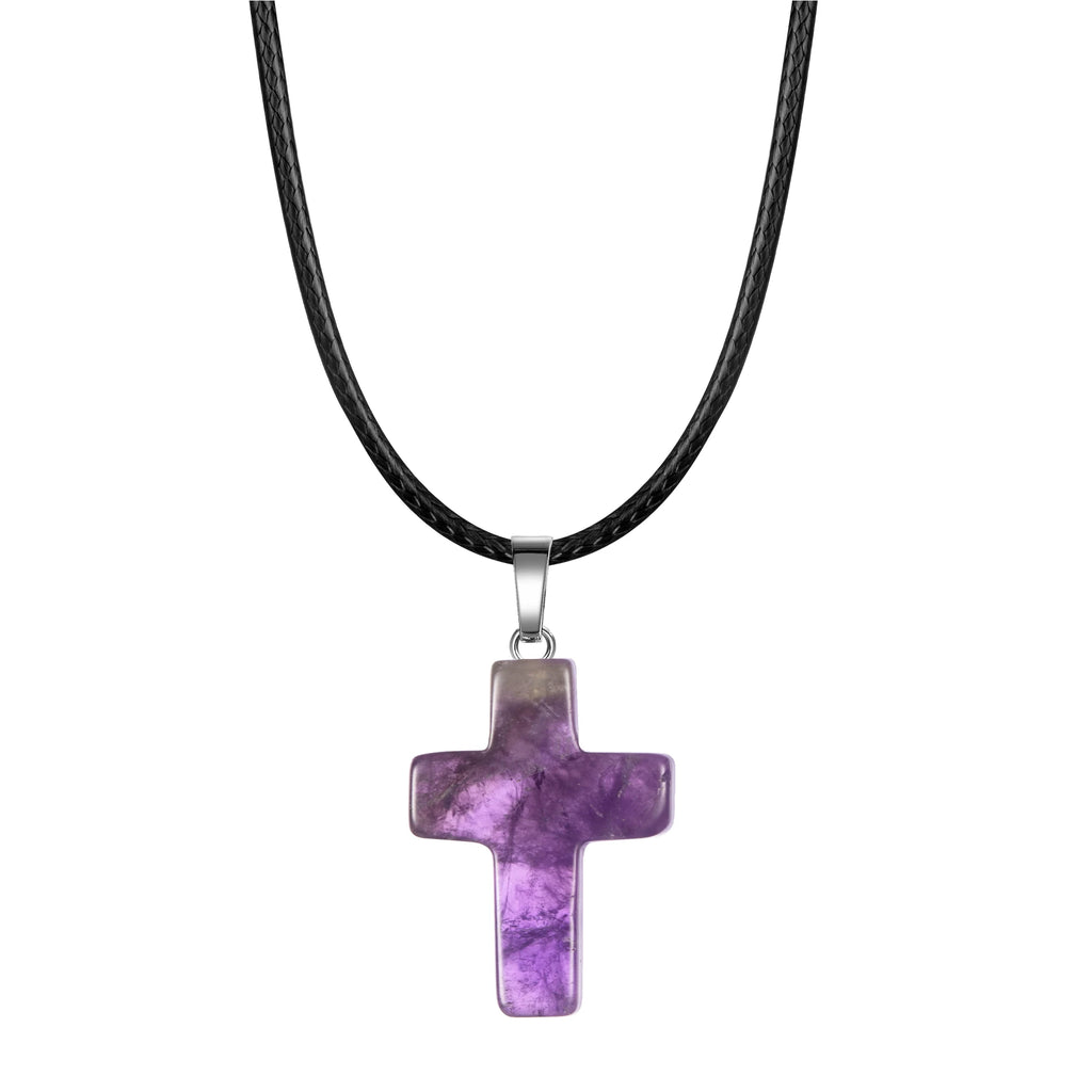 Natural Stone Cross Pendant Necklace Women Men 18inch Black Leather Cord Custom Crystal Choker Chakra Jewelry Findings
