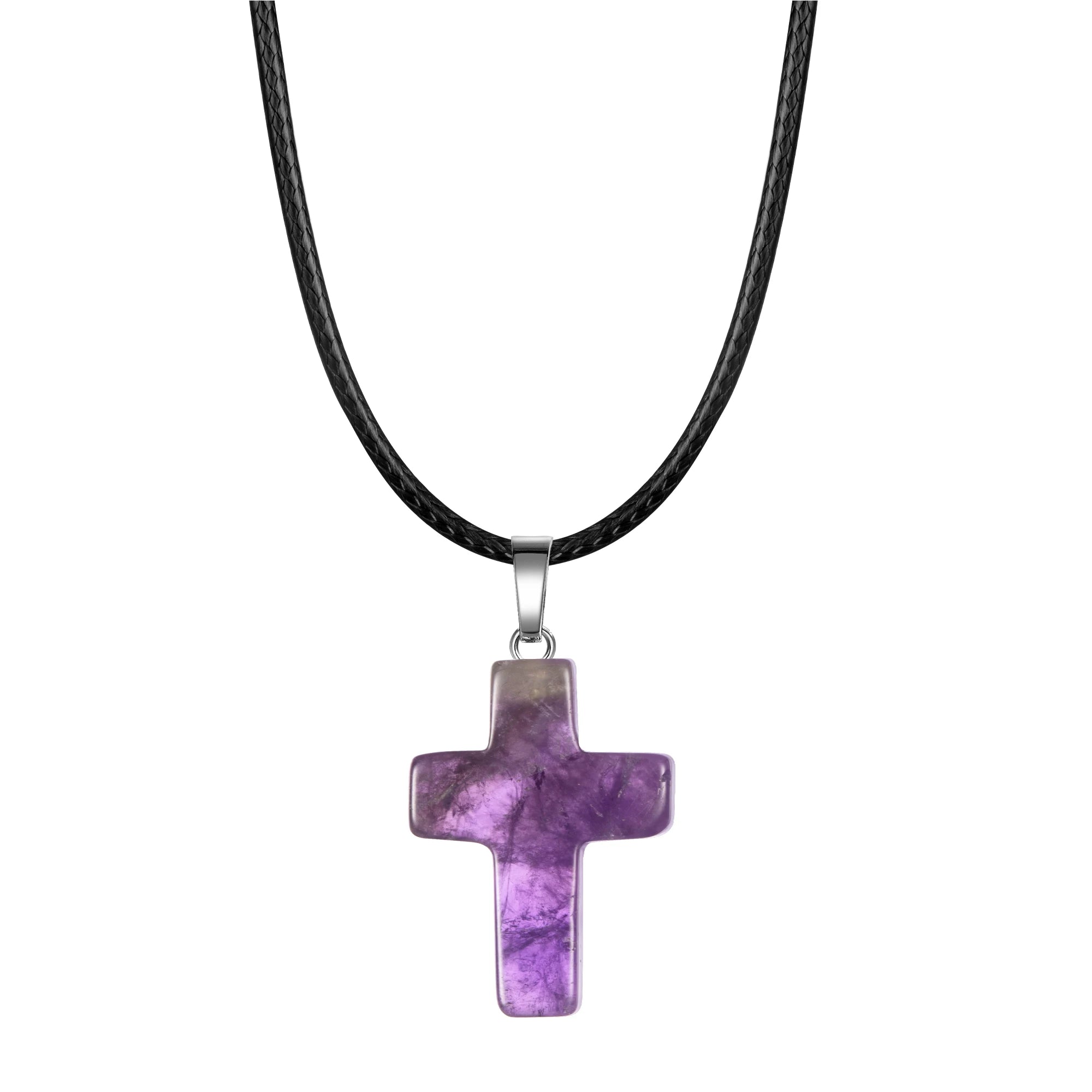 Natural Stone Cross Pendant Necklace Women Men 18inch Black Leather Cord Custom Crystal Choker Chakra Jewelry Findings