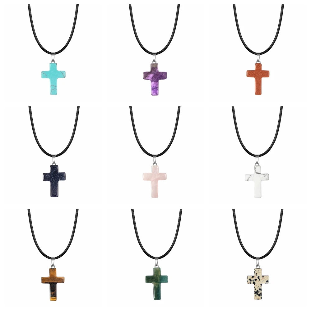 Natural Stone Cross Pendant Necklace Women Men 18inch Black Leather Cord Custom Crystal Choker Chakra Jewelry Findings