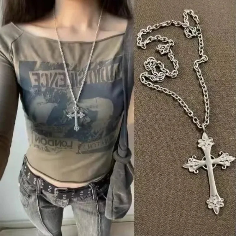 Fashion Punk Gothic Rose Cross Pendants Necklace for Women Silver Cross Choker Y2k Hip Hop Necklace Sweater Chain Gifts