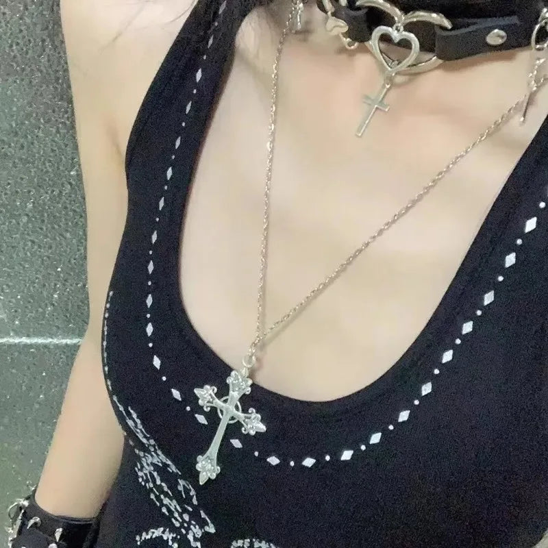 Fashion Punk Gothic Rose Cross Pendants Necklace for Women Silver Cross Choker Y2k Hip Hop Necklace Sweater Chain Gifts