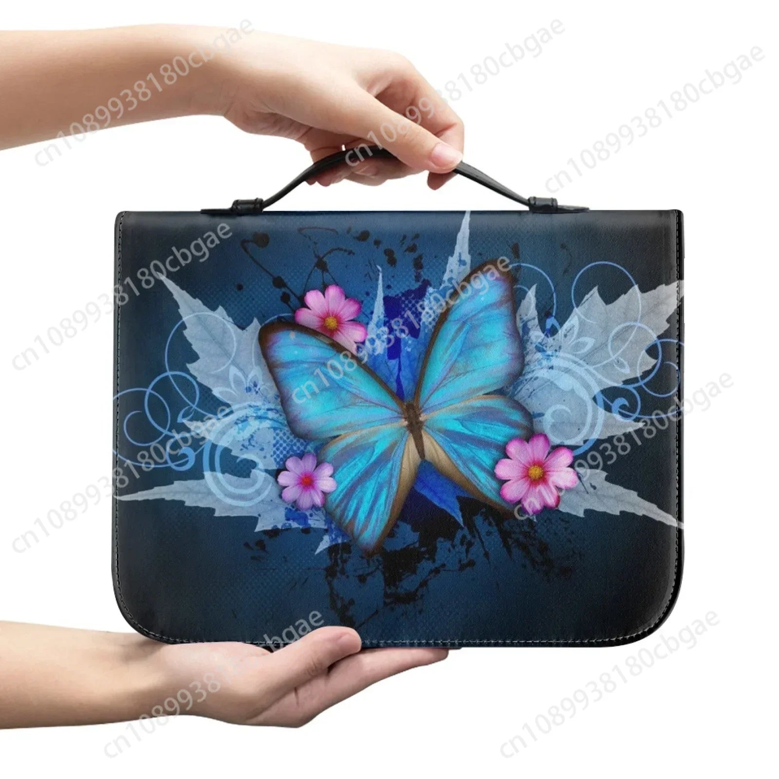 Blue Butterfly Print Leather Bible Bag for Women Men Handle Handbags Bible Hymns Bible Cover Case Carrying Storage Bags