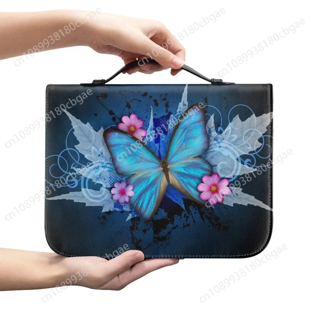 Blue Butterfly Print Leather Bible Bag for Women Men Handle Handbags Bible Hymns Bible Cover Case Carrying Storage Bags