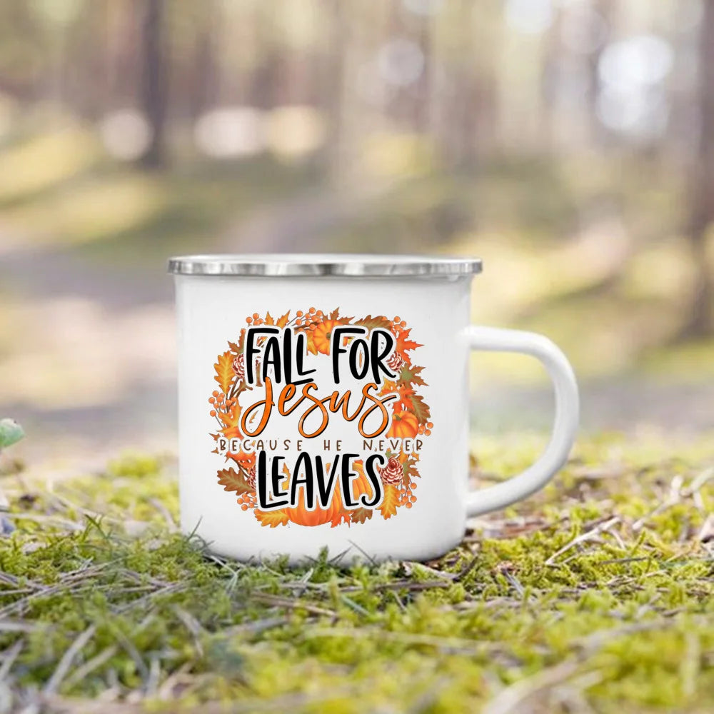 Fall for Jesus He Never Leaves Print Enamel Mugs Coffee Cups Autumn Thanksgiving Party Juice Mug Dessert Cocoa Handle Cup Gifts