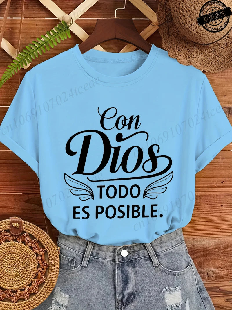 Con Dios Todo Es Posible Women T Shirts, Christian Faith Graphic Tees, Religious Inspirational Tops, Casual Blouse for Ladies