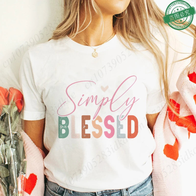 Blessed Floral Cross T-Shirt for Women, Flower Graphic Tee, Summer Short Sleeve O Neck Y2k Tops, Female Aesthetic Faith Clothing