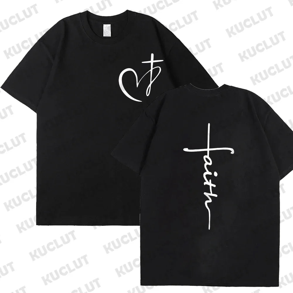 New Women's Heart Cross T-shirt Fashion Faith Jesus Print Female Loose Short Sleeve Classic Pullover Shirts Summer Tee Clothing