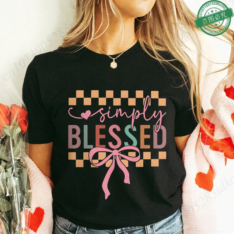 Blessed Floral Cross T-Shirt for Women, Flower Graphic Tee, Summer Short Sleeve O Neck Y2k Tops, Female Aesthetic Faith Clothing