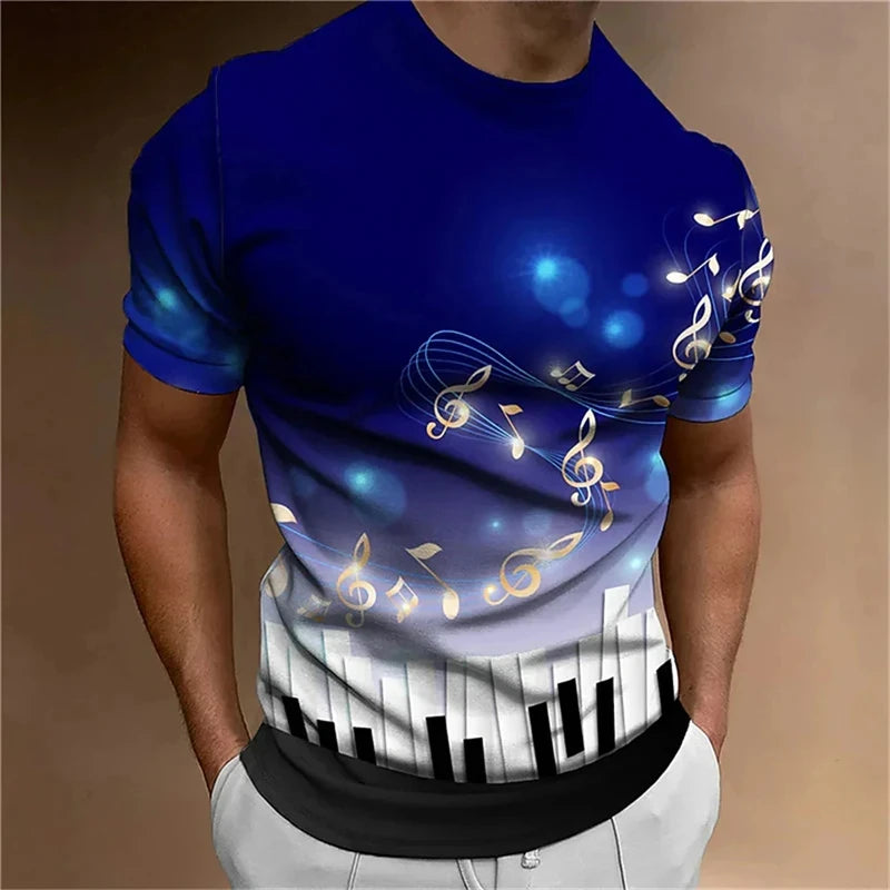 Retro Men'S T-Shirt 3d Music Notes Printed Men Clothing Daily Casual Short Sleeve Street Designer Tees Top Loose Oversized Shirt