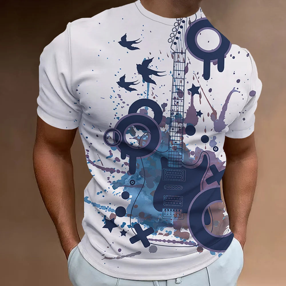 Retro Men'S T-Shirt 3d Music Notes Printed Men Clothing Daily Casual Short Sleeve Street Designer Tees Top Loose Oversized Shirt