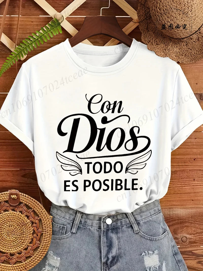 Con Dios Todo Es Posible Women T Shirts, Christian Faith Graphic Tees, Religious Inspirational Tops, Casual Blouse for Ladies