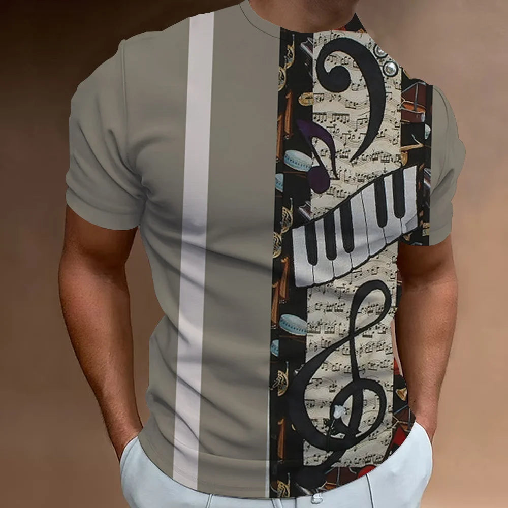 Retro Men'S T-Shirt 3d Music Notes Printed Men Clothing Daily Casual Short Sleeve Street Designer Tees Top Loose Oversized Shirt