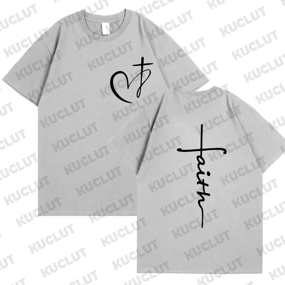 New Women's Heart Cross T-shirt Fashion Faith Jesus Print Female Loose Short Sleeve Classic Pullover Shirts Summer Tee Clothing