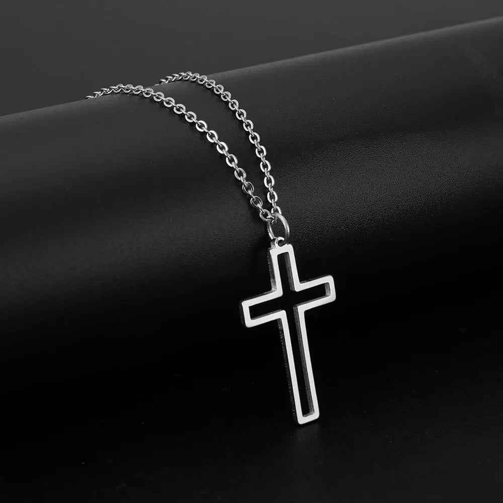 Trendy Religious Jesus Cross 18X30mm Pendant Necklace Gold Color Stainless Steel Chain Necklaces For Unisex Hollow Jewelry Gift