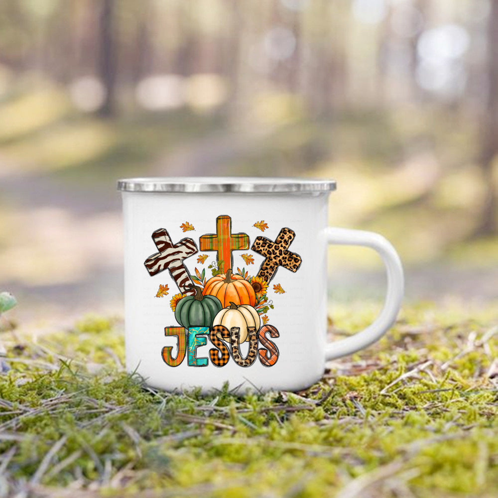 Fall for Jesus He Never Leaves Print Enamel Mugs Coffee Cups Autumn Thanksgiving Party Juice Mug Dessert Cocoa Handle Cup Gifts