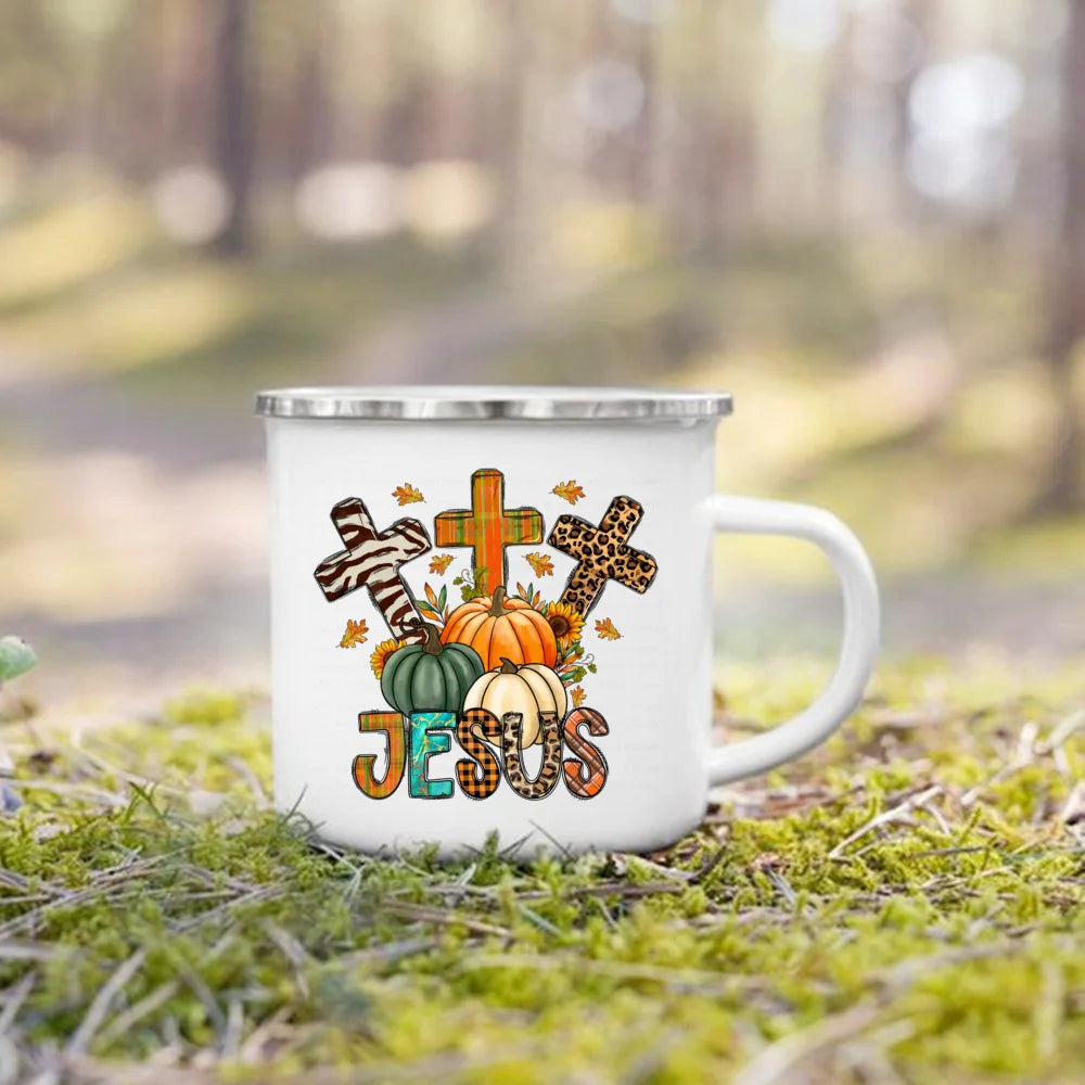 Fall for Jesus He Never Leaves Print Enamel Mugs Coffee Cups Autumn Thanksgiving Party Juice Mug Dessert Cocoa Handle Cup Gifts