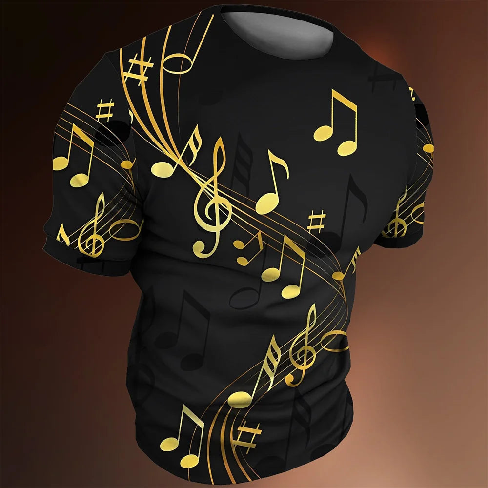 Retro Men'S T-Shirt 3d Music Notes Printed Men Clothing Daily Casual Short Sleeve Street Designer Tees Top Loose Oversized Shirt