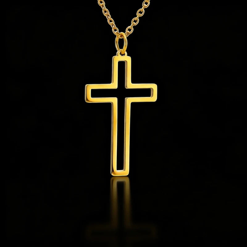 Trendy Religious Jesus Cross 18X30mm Pendant Necklace Gold Color Stainless Steel Chain Necklaces For Unisex Hollow Jewelry Gift