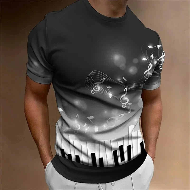 Retro Men'S T-Shirt 3d Music Notes Printed Men Clothing Daily Casual Short Sleeve Street Designer Tees Top Loose Oversized Shirt