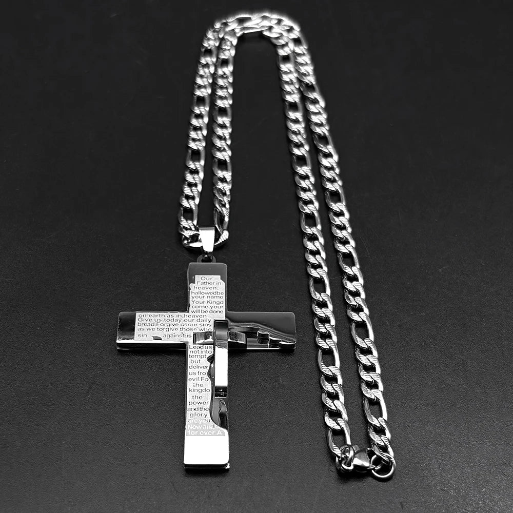 Christian English Bible Cross Pendant Chain Necklace for Women Men Stainless Steel Gold Color Punk Necklace Amulet Jewelry Gift