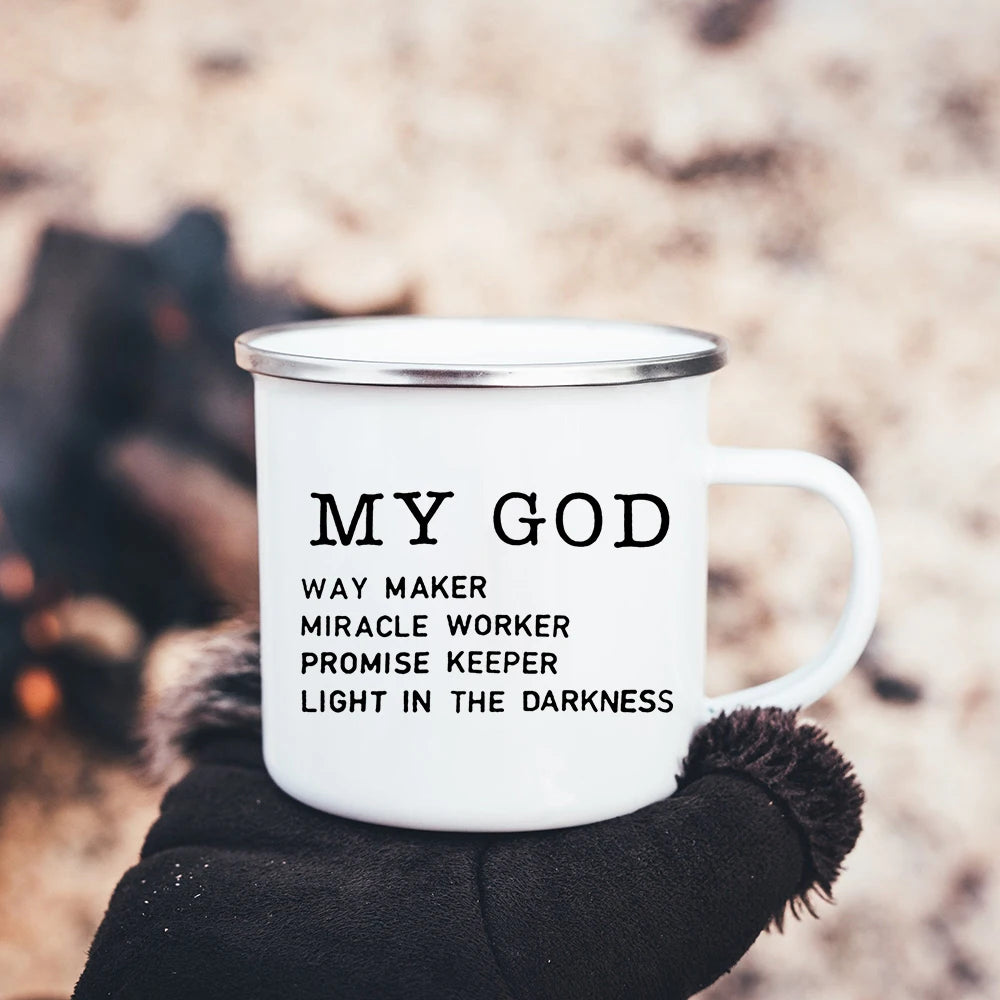 Faith Hope Love Print Christian Creative Enamel Mugs Outdoor Travel Coffee Cup Drink Dessert Milk Vintage Handle Drinkware Gift