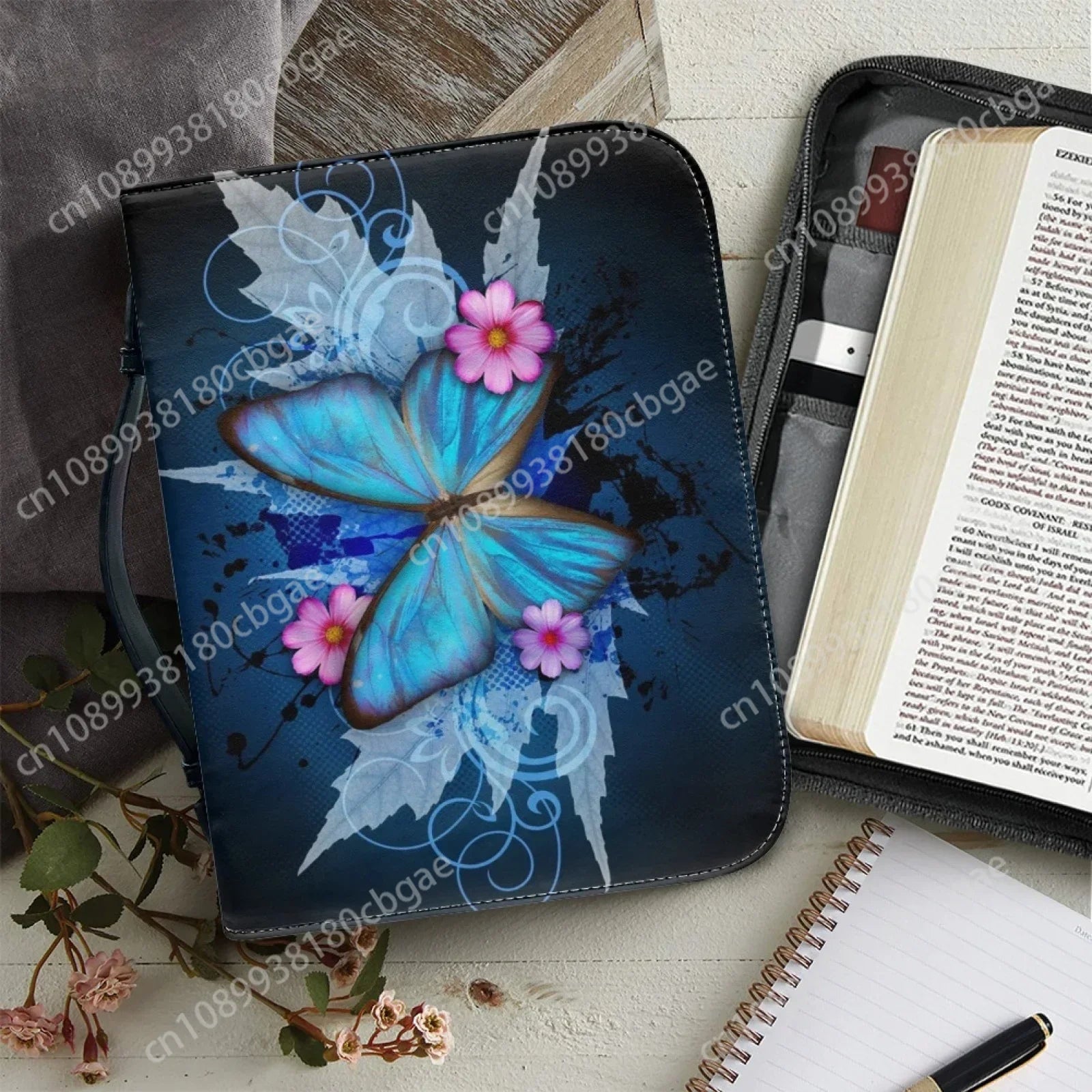 Blue Butterfly Print Leather Bible Bag for Women Men Handle Handbags Bible Hymns Bible Cover Case Carrying Storage Bags