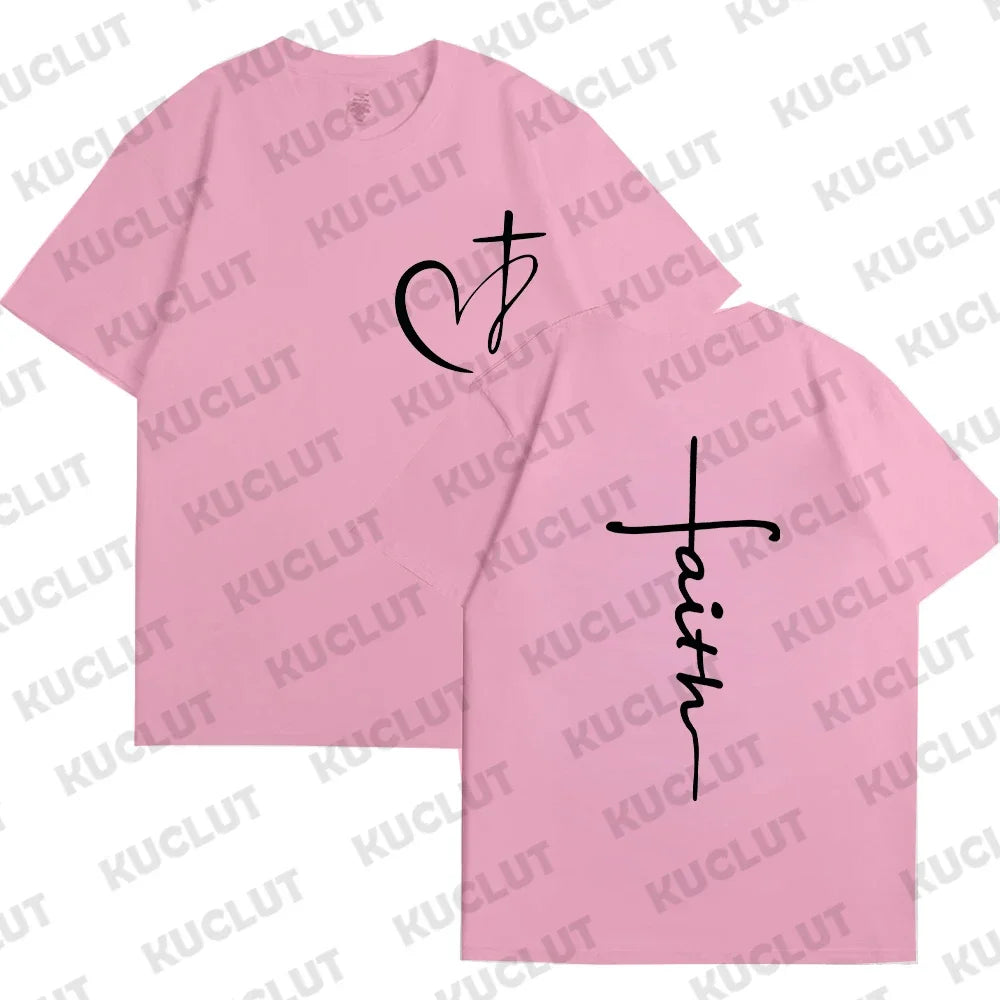 New Women's Heart Cross T-shirt Fashion Faith Jesus Print Female Loose Short Sleeve Classic Pullover Shirts Summer Tee Clothing