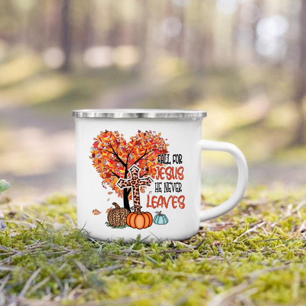 Fall for Jesus He Never Leaves Print Enamel Mugs Coffee Cups Autumn Thanksgiving Party Juice Mug Dessert Cocoa Handle Cup Gifts