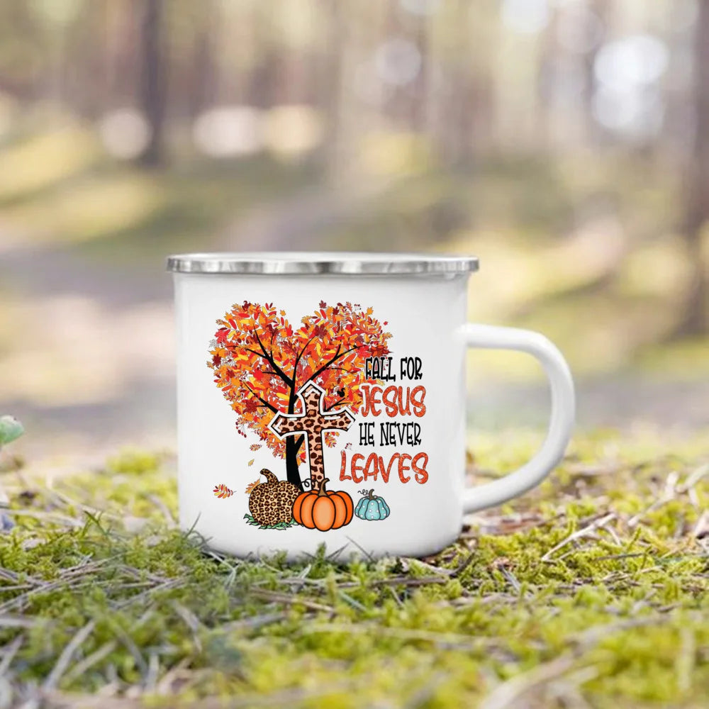 Fall for Jesus He Never Leaves Print Enamel Mugs Coffee Cups Autumn Thanksgiving Party Juice Mug Dessert Cocoa Handle Cup Gifts