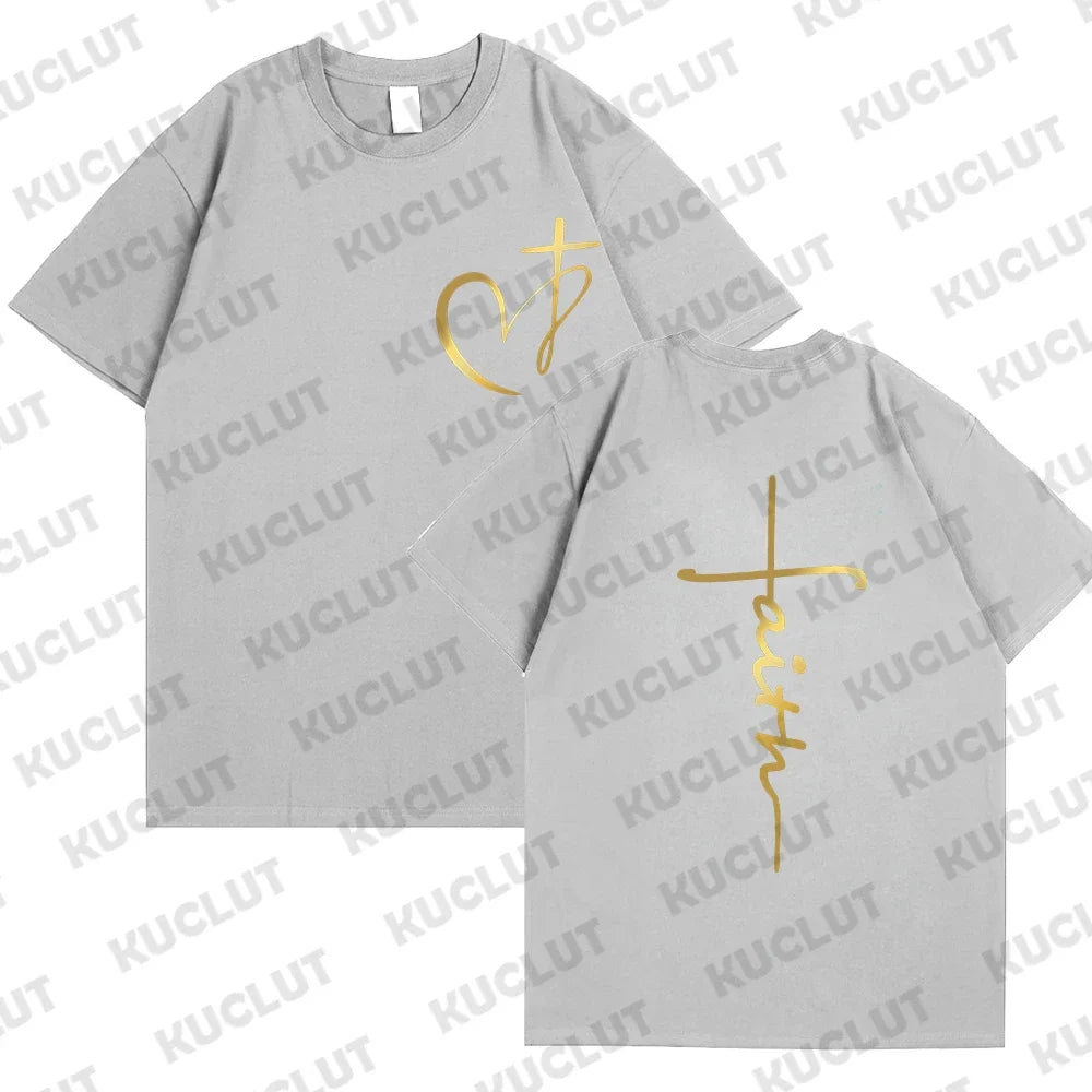 New Women's Heart Cross T-shirt Fashion Faith Jesus Print Female Loose Short Sleeve Classic Pullover Shirts Summer Tee Clothing