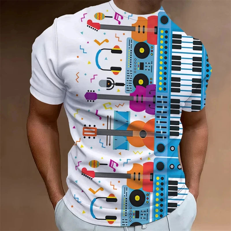 Retro Men'S T-Shirt 3d Music Notes Printed Men Clothing Daily Casual Short Sleeve Street Designer Tees Top Loose Oversized Shirt