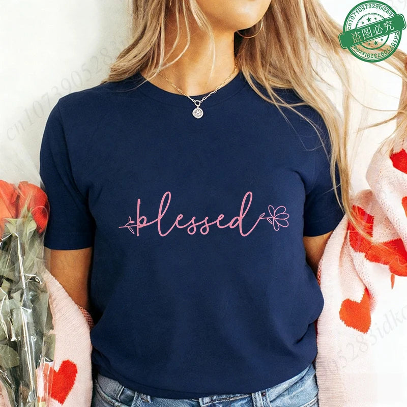 Blessed Floral Cross T-Shirt for Women, Flower Graphic Tee, Summer Short Sleeve O Neck Y2k Tops, Female Aesthetic Faith Clothing