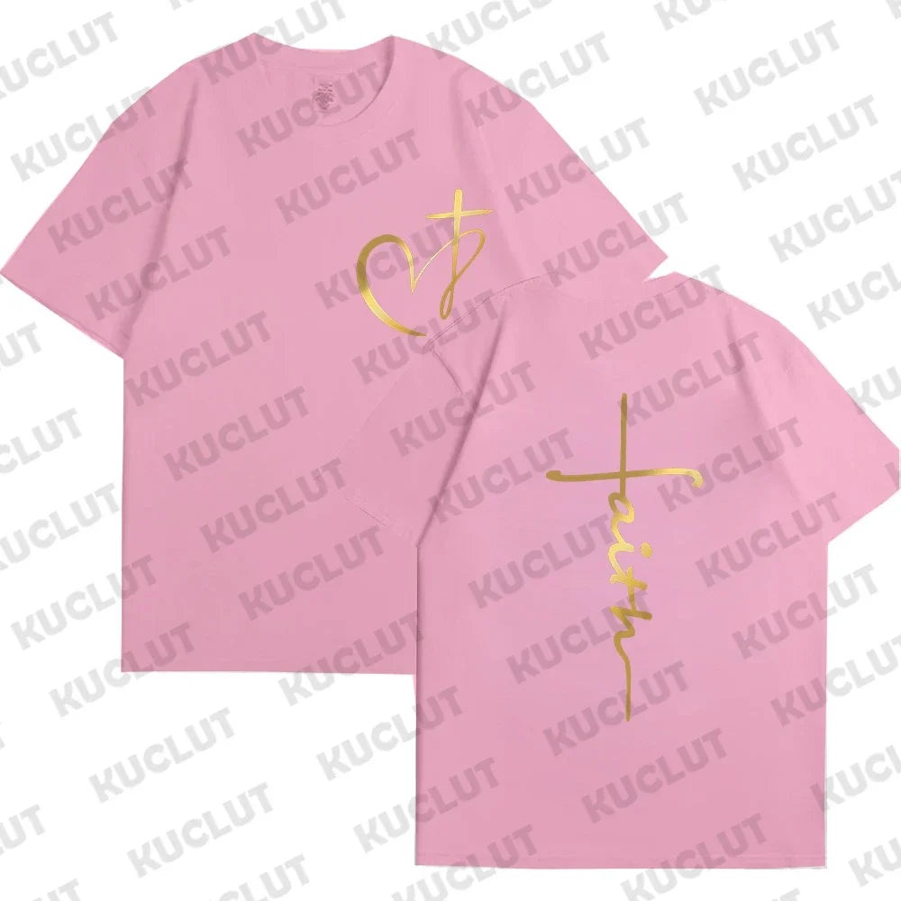 New Women's Heart Cross T-shirt Fashion Faith Jesus Print Female Loose Short Sleeve Classic Pullover Shirts Summer Tee Clothing