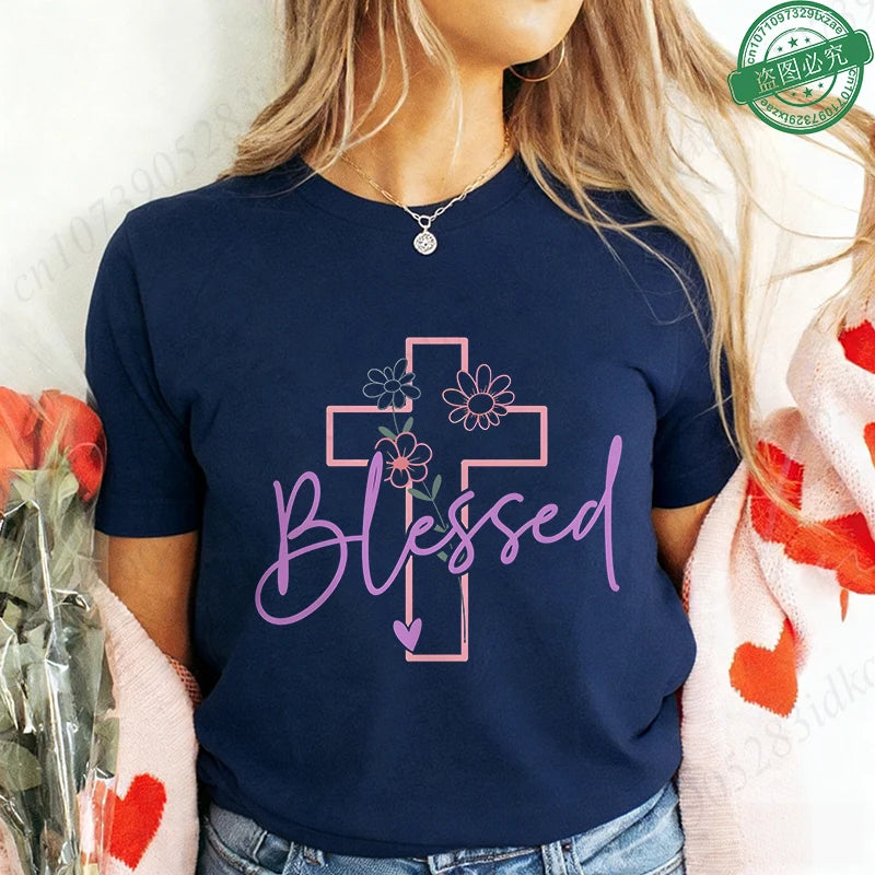 Blessed Floral Cross T-Shirt for Women, Flower Graphic Tee, Summer Short Sleeve O Neck Y2k Tops, Female Aesthetic Faith Clothing